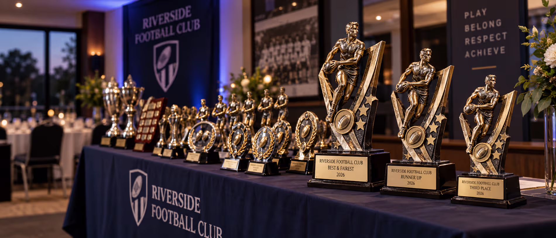 Presentation-night display of stepped Riverside Football Club trophies