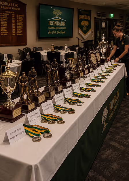 Trophies, shields and ribboned medals laid out in running order along a covered table before doors open, each group behind a printed name card.