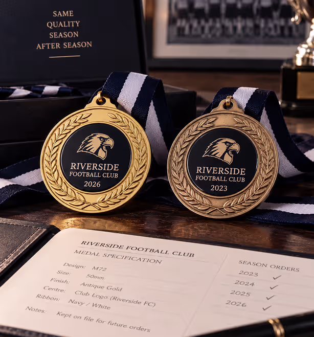 Matching Riverside Football Club medals from different seasons displayed side by side